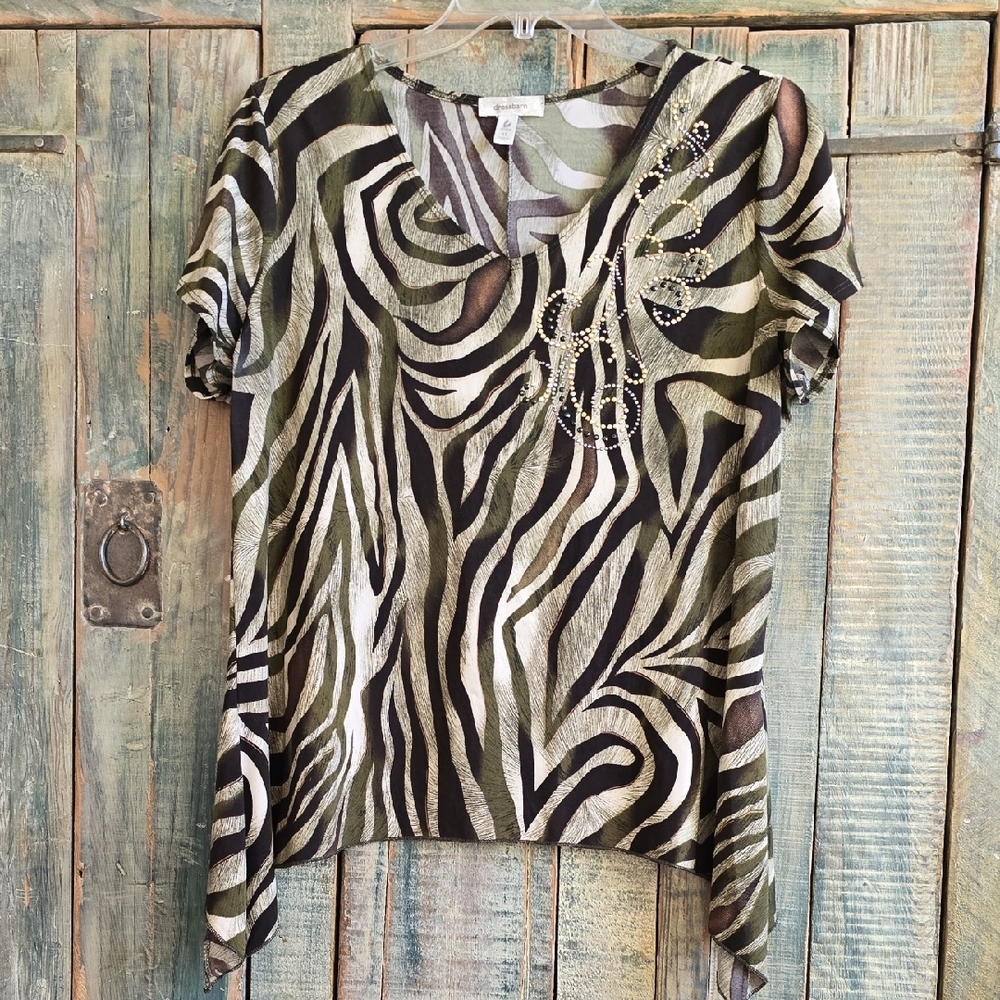 Dressbarn Olive, Black & Cream Zebra-Print V-Neck Top with Rhinestone Accent